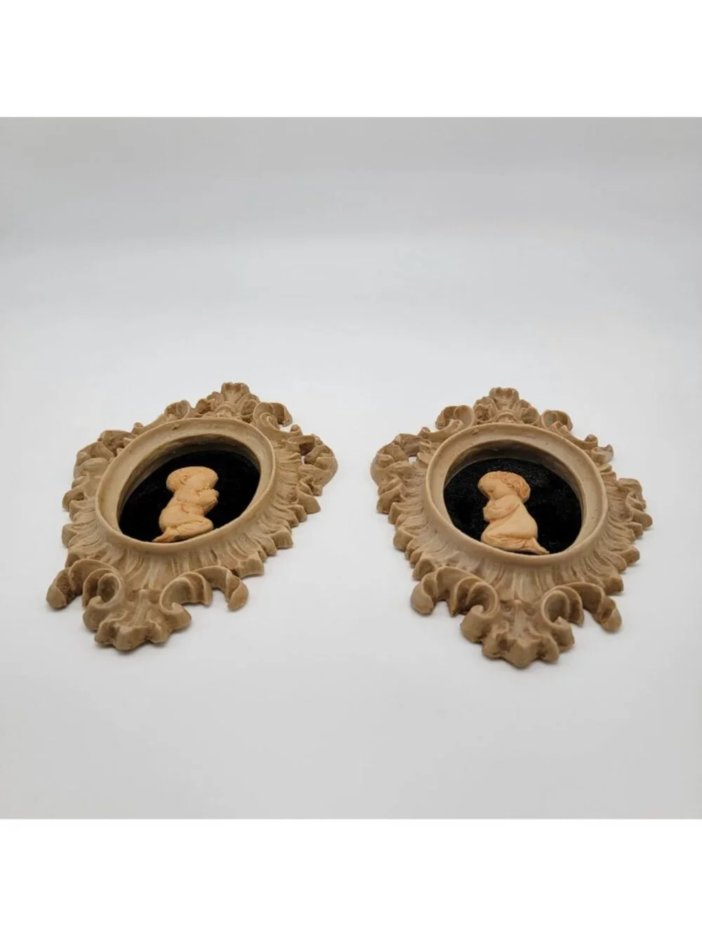 Pair Of Vintage Capodimonte Praying Children Wall Art Plaques With Ornate Frames
